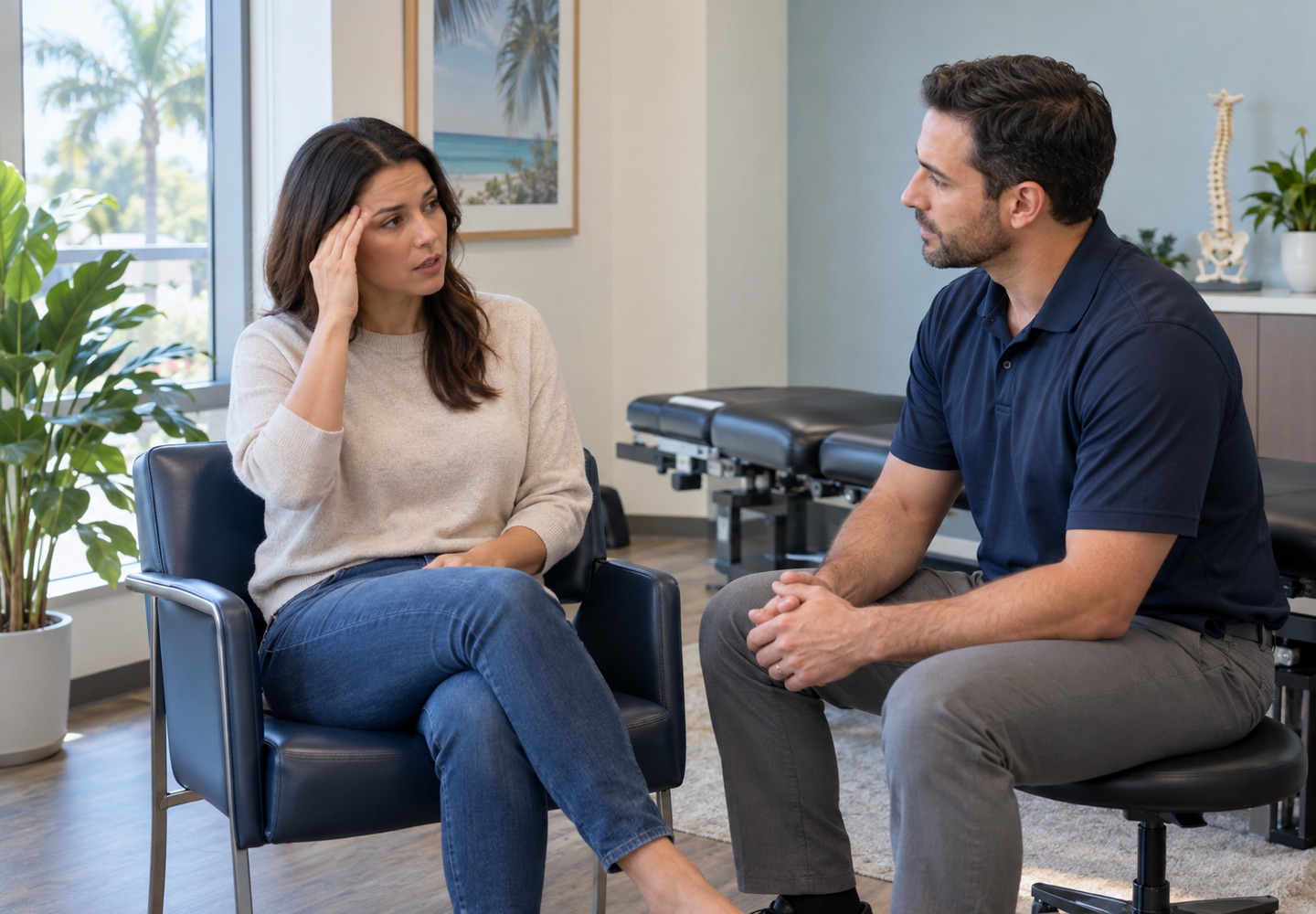 A fully clothed adult in conversation with a clinician about headaches, seated at eye level.