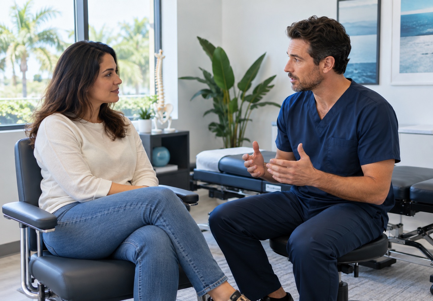 A fully clothed adult in conversation with a clinician about herniated disc, seated at eye level.