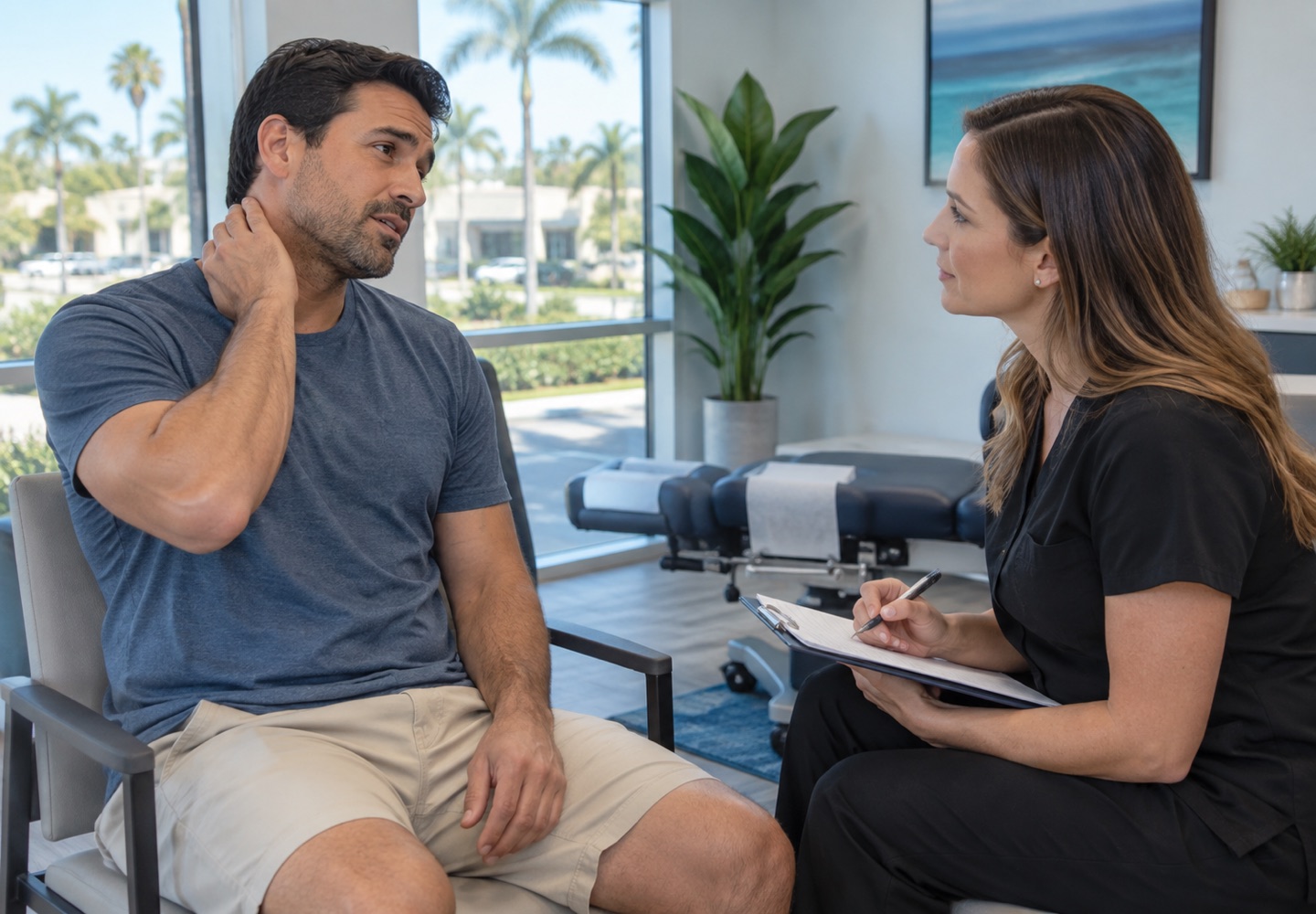 A fully clothed adult in conversation with a clinician about neck pain, seated at eye level.