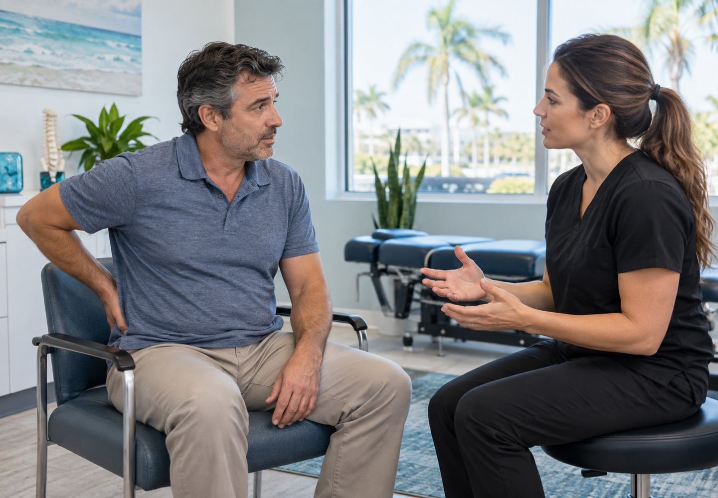 A fully clothed adult in conversation with a clinician about sciatica, seated at eye level.