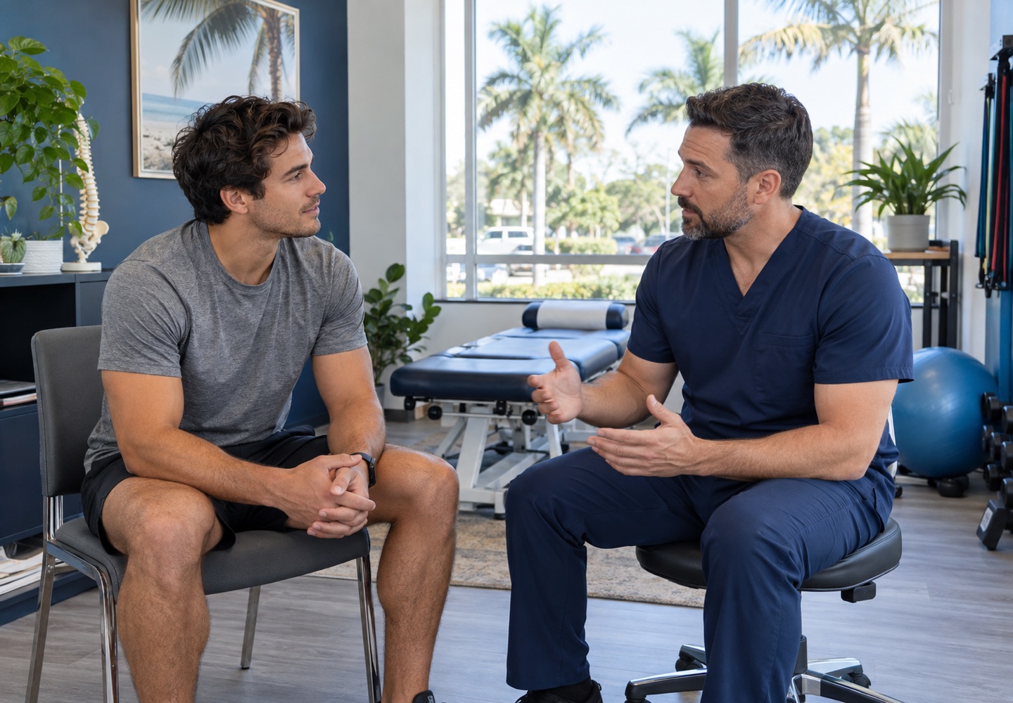 A fully clothed adult in conversation with a clinician about sports injuries, seated at eye level.