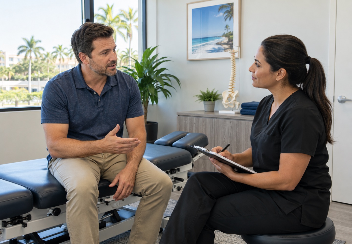 A fully clothed adult in conversation with a clinician about work injuries, seated at eye level.