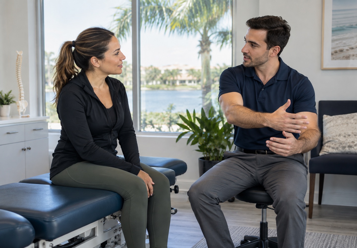 A fully clothed adult seated with a chiropractor, discussing movement before an examination.