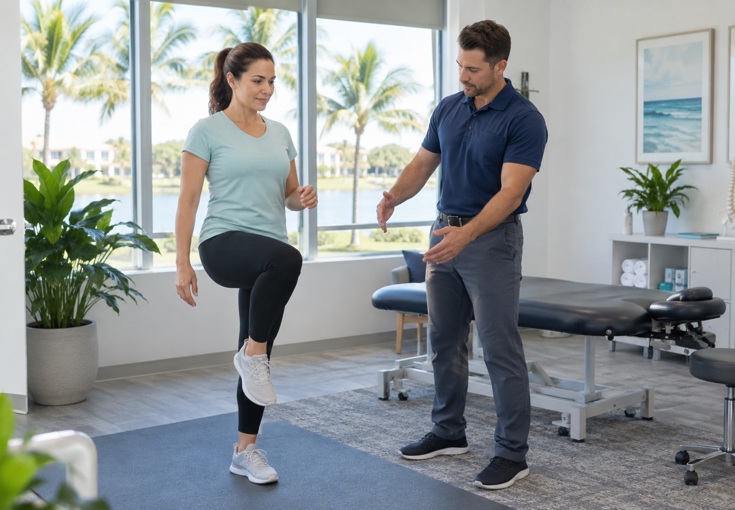 An adult learning a simple standing movement from a clinician, fully clothed with no dramatic poses.
