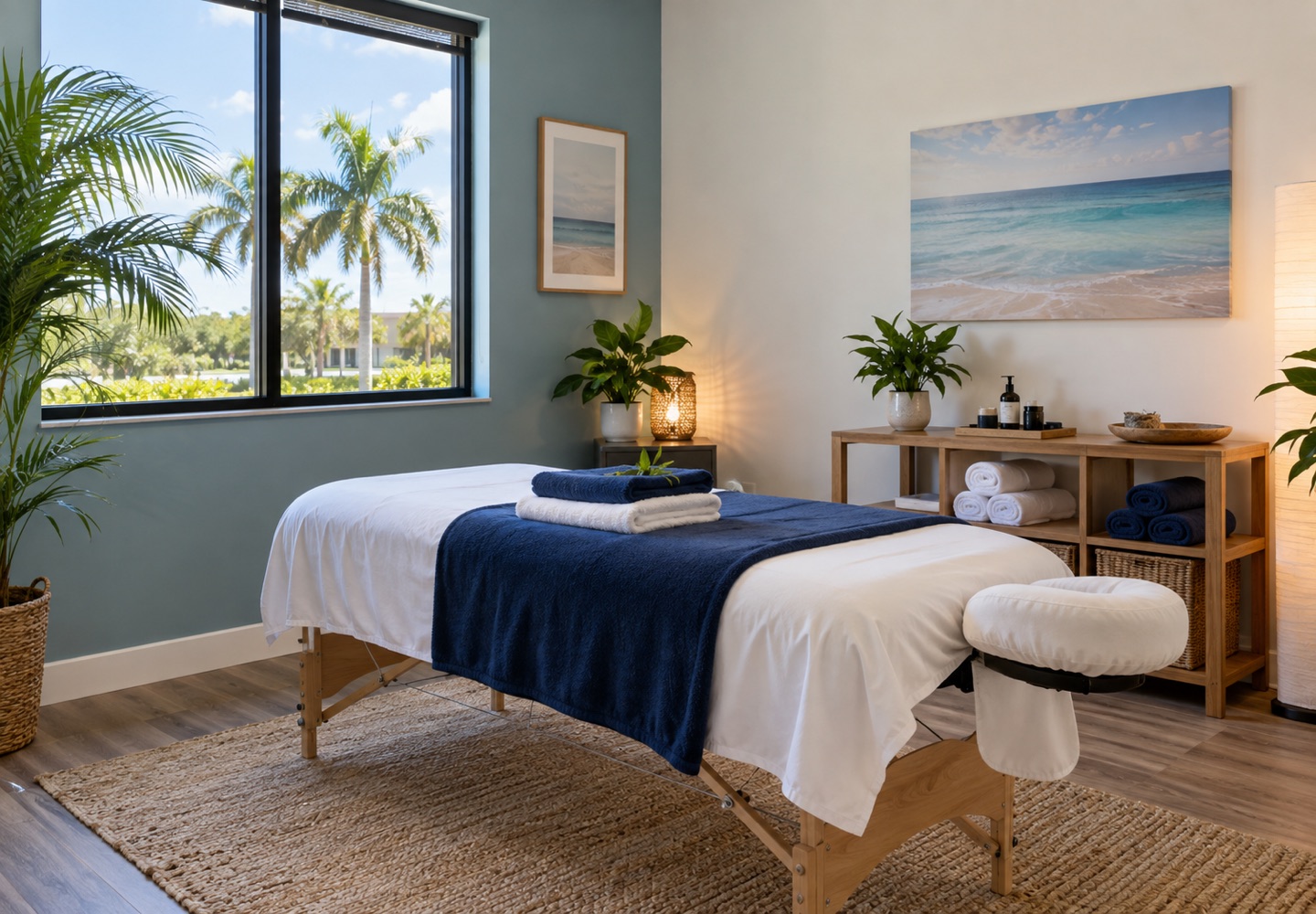 A serene empty massage room in a South Florida clinic with freshly folded linens and natural light.