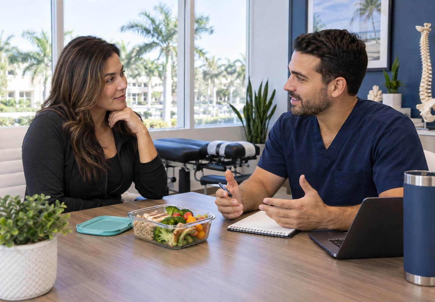An adult and clinician talking about everyday meals at a consultation desk, no scales or weight-loss imagery.