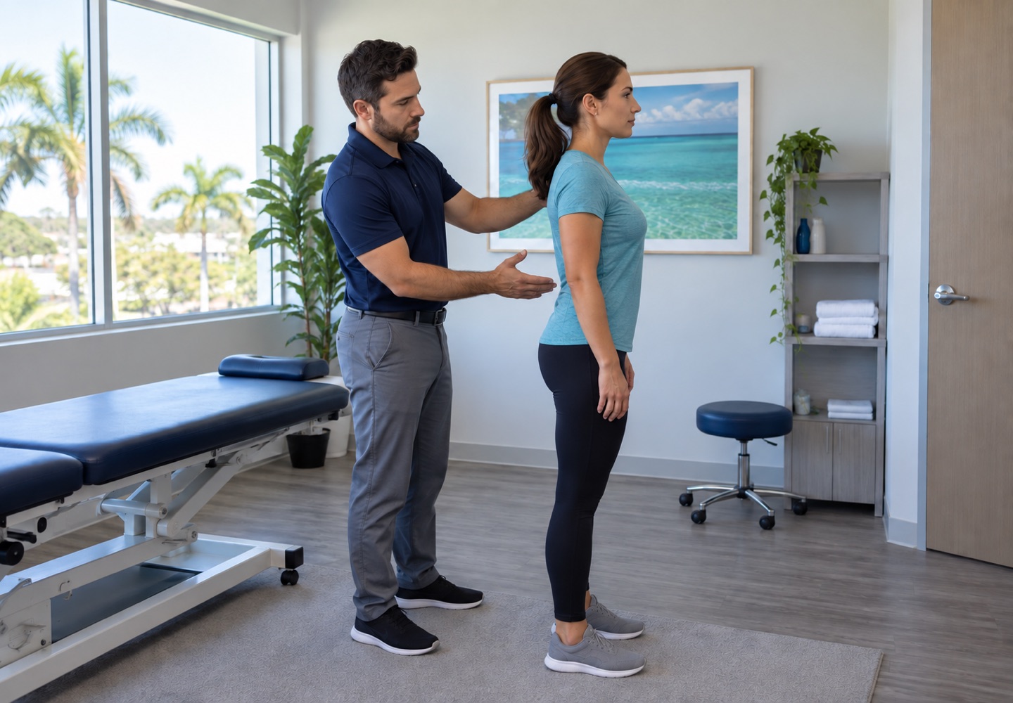A clinician and a fully clothed adult reviewing standing posture in a plain examination room.